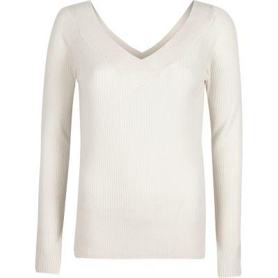River Island Womens White Rib Knit V Neck Jumper