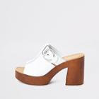 River Island Womens White Leather Buckle Block Heel Mules