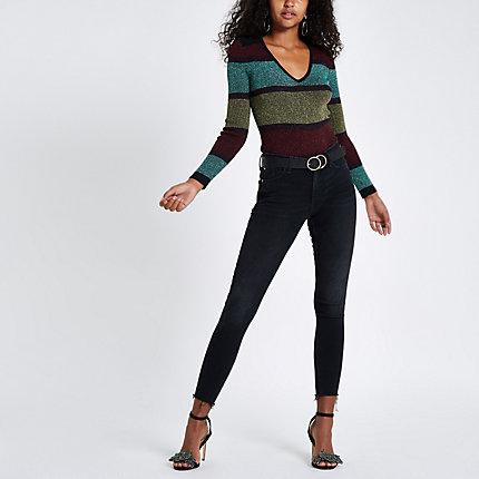 River Island Womens Knit Stripe Shoulder Padded V Neck Top