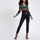 River Island Womens Knit Stripe Shoulder Padded V Neck Top