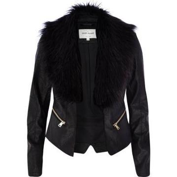 River Island Leather Look Faux Fur Collar Jacket
