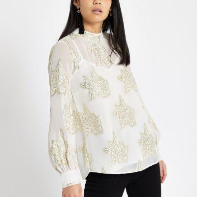 River Island Womens White Floral Jacquard Tie Front Top