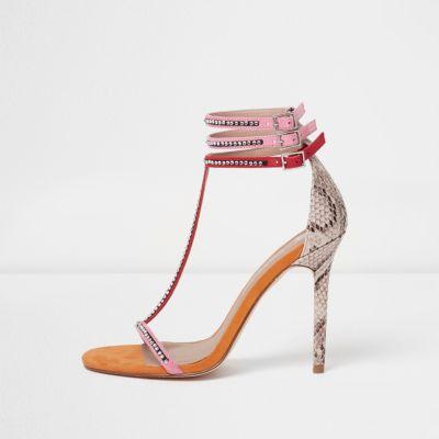 River Island Womens T-bar Snake Embossed Stiletto Sandals