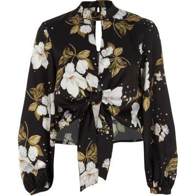 River Island Womens Satin Floral Choker Tie Front Crop Top