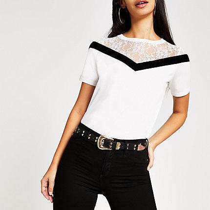 River Island Womens White Chevron Lace Short Sleeve T-shirt