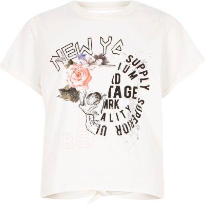 River Island Womens Petite White Rose Print Open Back T-shirt