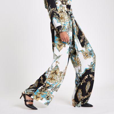 River Island Womens Baroque Print Paperbag Wide Leg Trousers