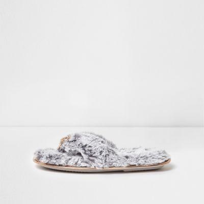 River Island Womens Faux Fur Bow Top Flip Flop Slippers
