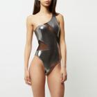 River Island Womens Silver Metallic Mesh One Shoulder Swimsuit