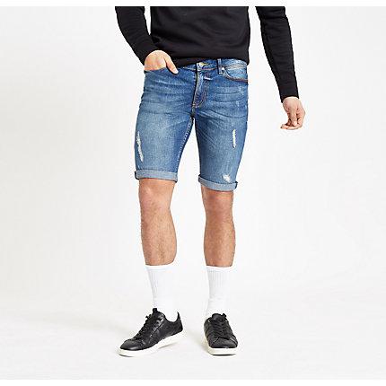River Island Mens Sid Skinny Stretch Ripped Shorts