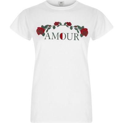 River Island Womens White 'amour' Rose Print Fitted T-shirt