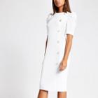 River Island Womens White Ruched Puff Sleeve Button Front Dress