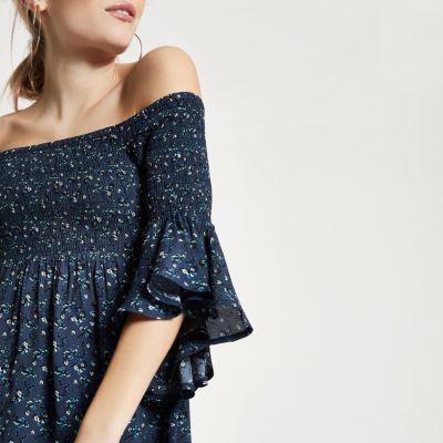 River Island Womens Petite Shirred Floral Bardot Top