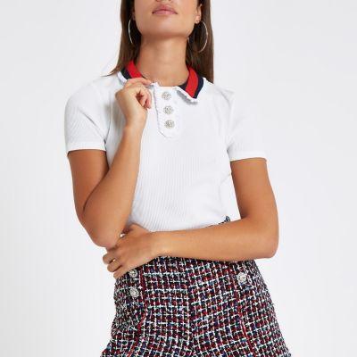River Island Womens White Rib Diamante Button Collar Top