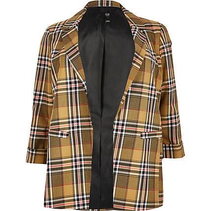 River Island Womens Plus Biege Check Open Front Blazer