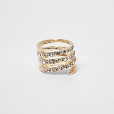 River Island Womens Gold Tone Pave Circle Swirl Diamante Ring
