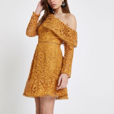 River Island Womens Lace One Shoulder Frill Dress