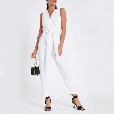 River Island Womens White Wrap Front Tie Waist Jumpsuit