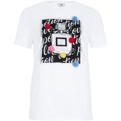 River Island Womens White Perfume Print Pom Pom Fitted T-shirt