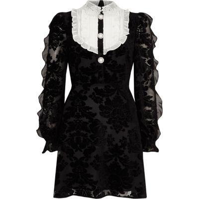River Island Womens Burnout Frill Bib Long Sleeve Dress