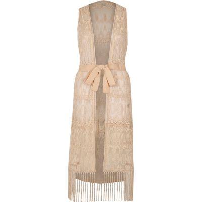 River Island Womens Nude Embroidered Tie Waist Sleeveless Kimono