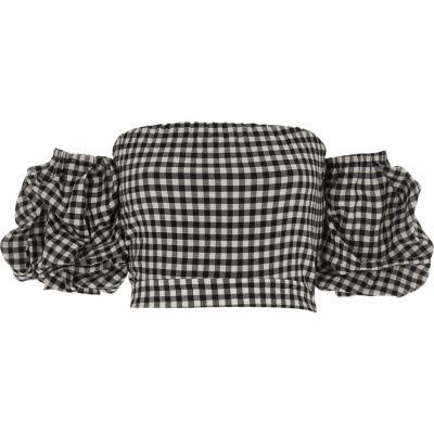 River Island Womens Gingham Puff Sleeve Bardot Crop Top