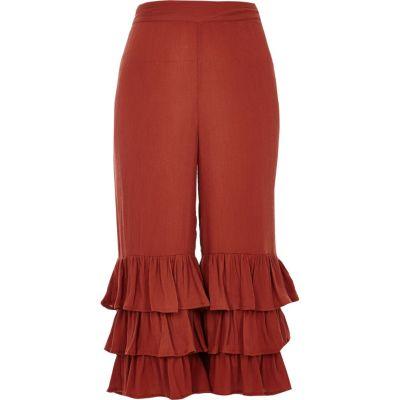 River Island Womens Petite Rust Frill Hem Trousers