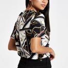 River Island Womens Petite White Scarf Print Neck Trim T-shirt