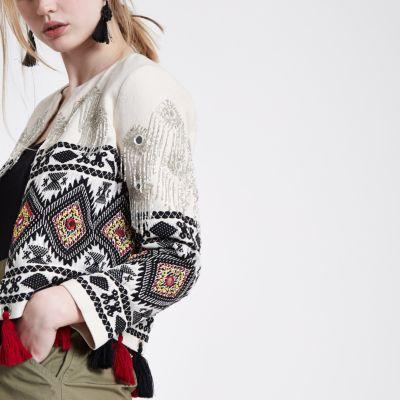 River Island Womens White Embroidered Tassel Hem Jacket