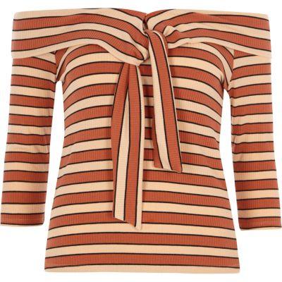 River Island Womens Stripe Rib Tie Front Bardot Top