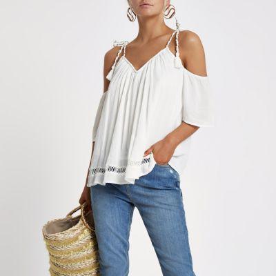 River Island Womens Petite White Tie Strap Cold Shoulder Top