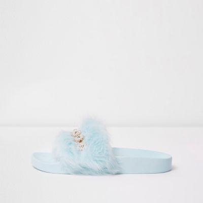 River Island Womens Embellished Fluffy Sliders