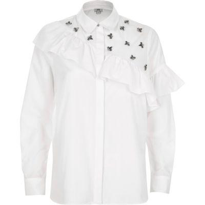 River Island Womens White Jewel Embellished Frill Front Shirt