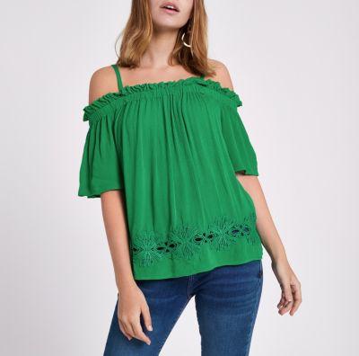 River Island Womens Petite Bardot Lace Hem Top