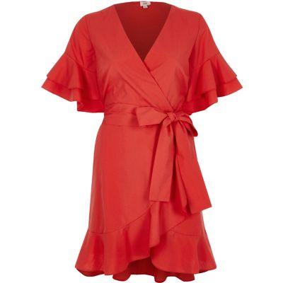 River Island Womens Frill Tie Waist Short Sleeve Tea Dress