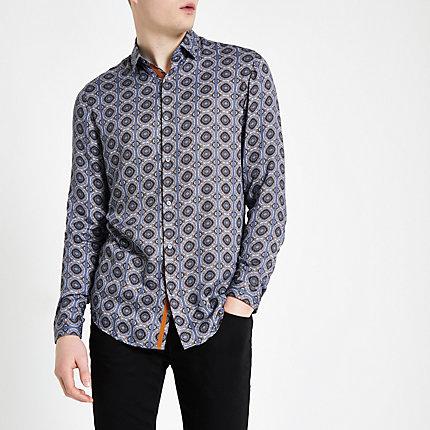 River Island Mens Tile Print Long Sleeve Shirt