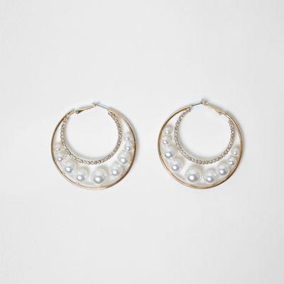 River Island Womens Gold Tone Faux Pearl Insert Hoop Earrings
