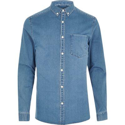 River Island Mensblue Wash Casual Skinny Fit Denim Shirt