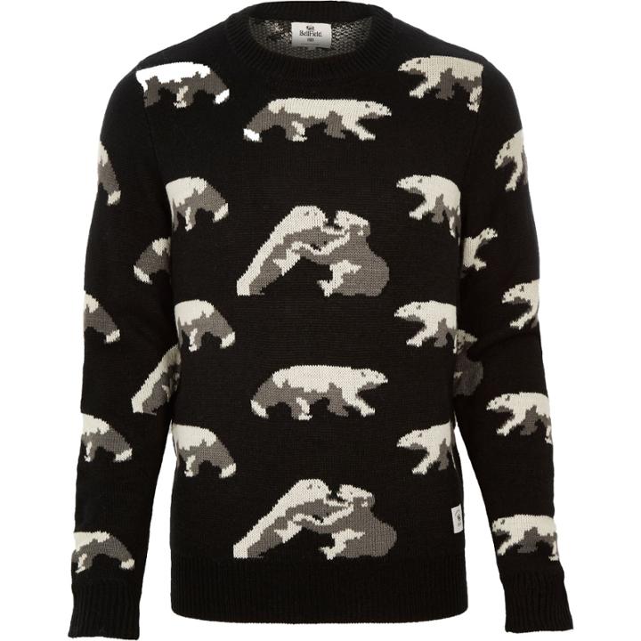 River Island Mensblack Bellfield Polar Bear Intarsia Sweater