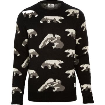River Island Mensblack Bellfield Polar Bear Intarsia Sweater
