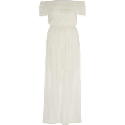 River Island Womens Petite White Bardot Lace Trim Maxi Dress
