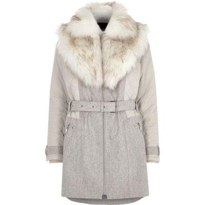 River Island Womens Padded And Wool Belted Fur Collar Coat