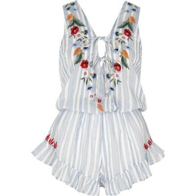 River Island Womens Stripe Floral Embroidered Romper