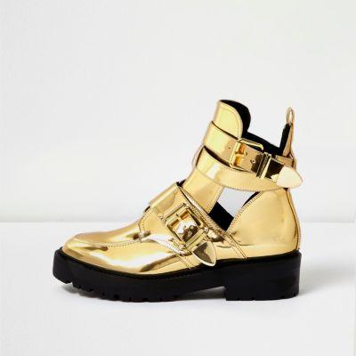 River Island Womens Gold Patent Chunky Cut-out Boots