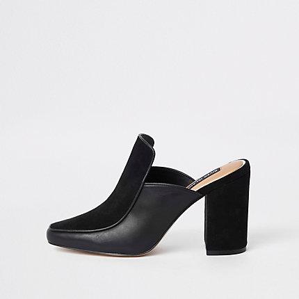 River Island Womens Leather Wide Fit Block Heel Mules