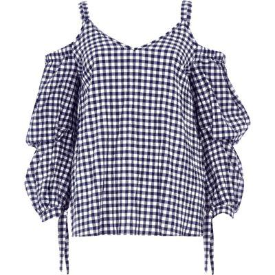 River Island Womens Gingham Puff Sleeve Cold Shoulder Top