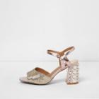 River Island Womens Rose Gold Gem Encrusted Block Heel Sandals