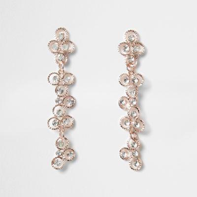 River Island Womens Rose Gold Tone Rhinestone Flower Drop Earrings