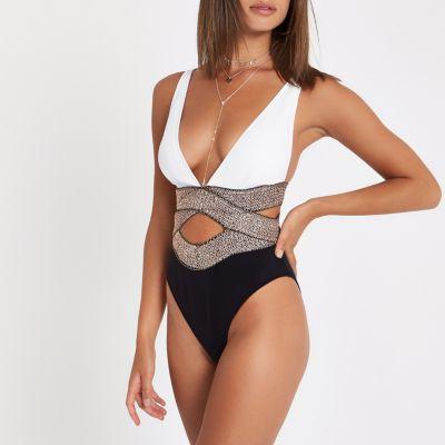 River Island Womens White Block Metallic Elastic Plunge Swimsuit