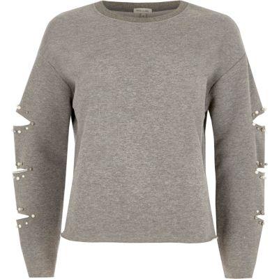 River Island Womens Pearl Embellished Slashed Sweatshirt